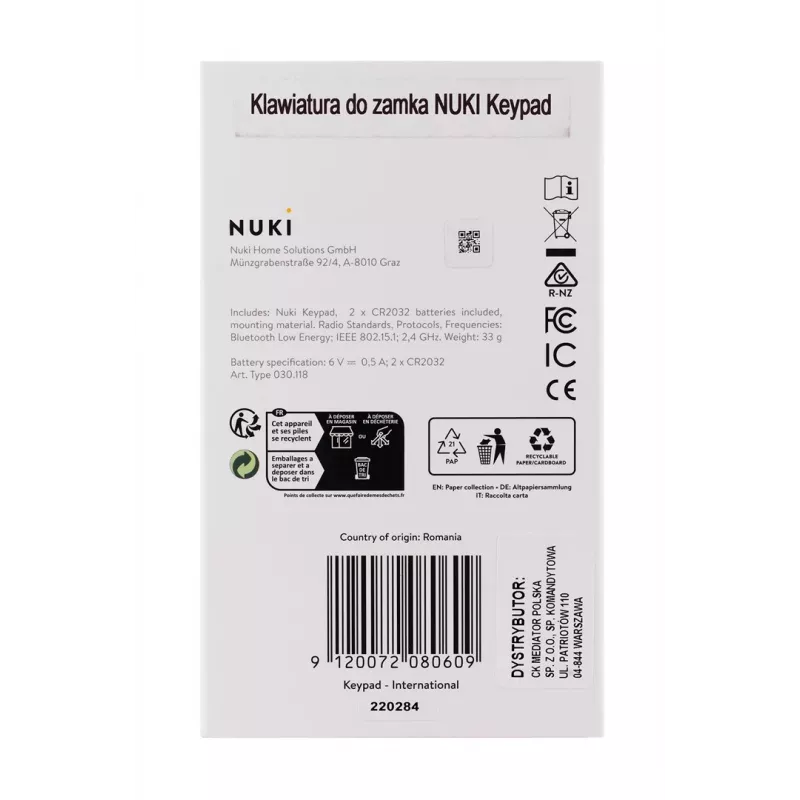 Išmanusis durų užraktas NUKI 9120072080609 — Bluetooth (5.0), IP65, kodinis užraktas, CR2032 baterijos pridedamos