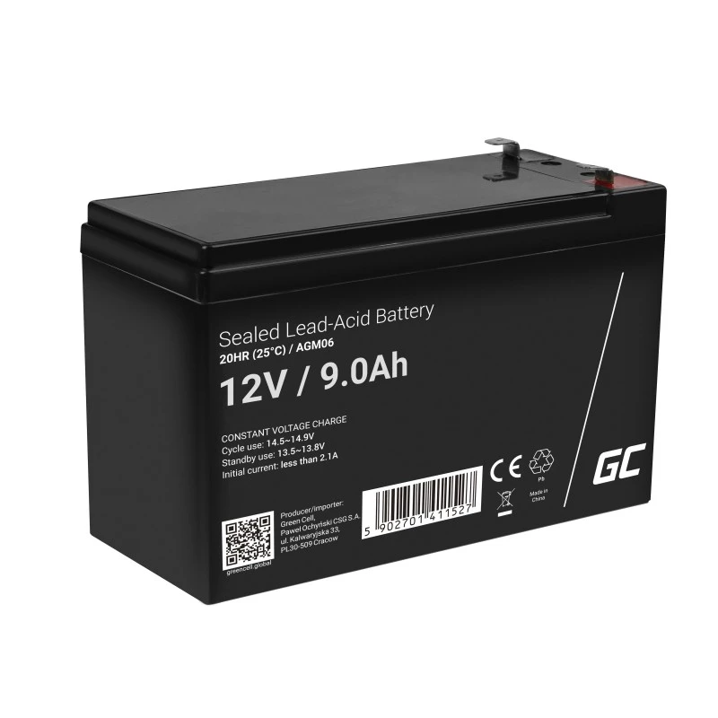 UPS baterija Green Cell AGM06 — 12 V 9 Ah sandari švino rūgštinė (VRLA) 95 × 151 × 65 mm, 2.3 kg