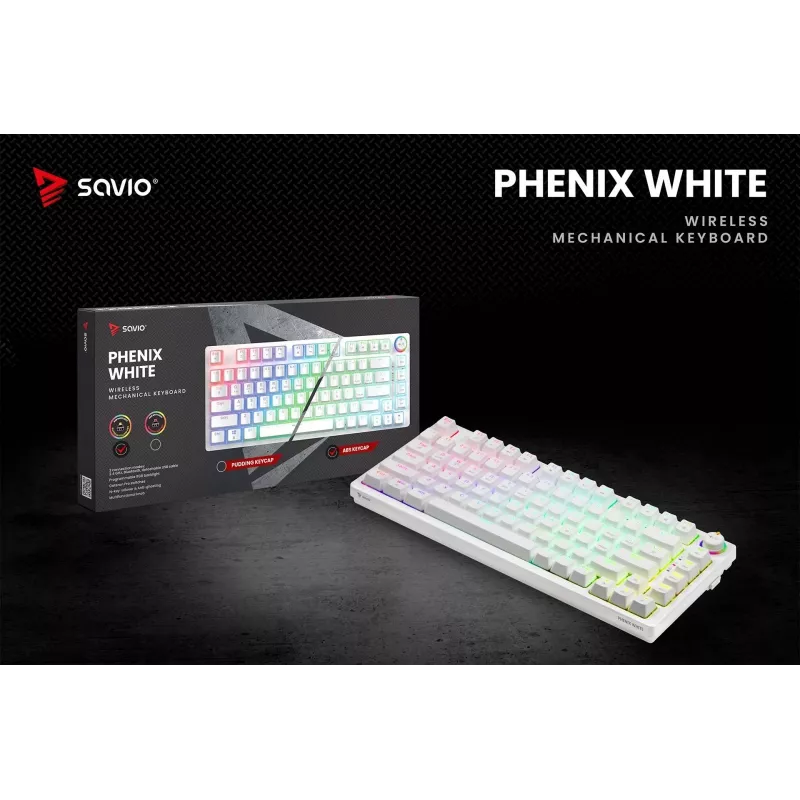 SAVIO PHENIX WHITE belaidė mechaninė klaviatūra, Gateron Red Pro, ABS