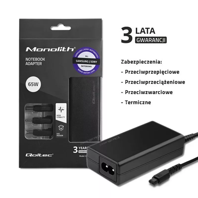 Qoltec 52415 maitinimo adapteris, skirtas Samsung Sony 65W | 3 kištukai | + maitinimo kabelis