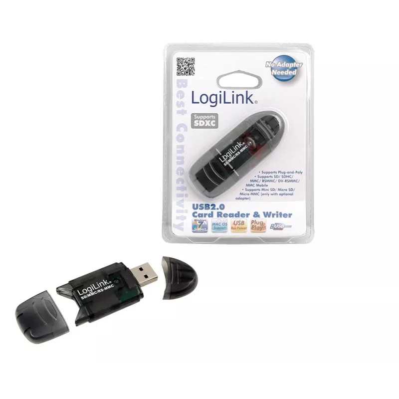 Kortelių skaitytuvas LOGILINK CR0007 USB 2.0 SD/MMC, juodas, iki 480 Mbit/s