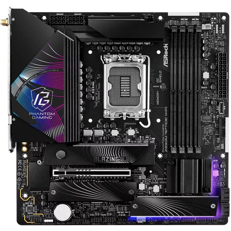 Pagrindinė plokštė ASRock Phantom Gaming Z890M Riptide WiFi — Intel Z890, LGA1851, microATX, DDR5, 4x DIMM, 256GB, Wi‑Fi 6E, 2.5Gb LAN