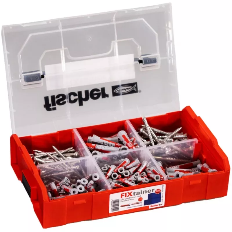 FixTainer - DUOPOWER & DUOSEAL + varžtai, sienų kaištis šviesiai pilkas/raudonas, 275 vnt.
