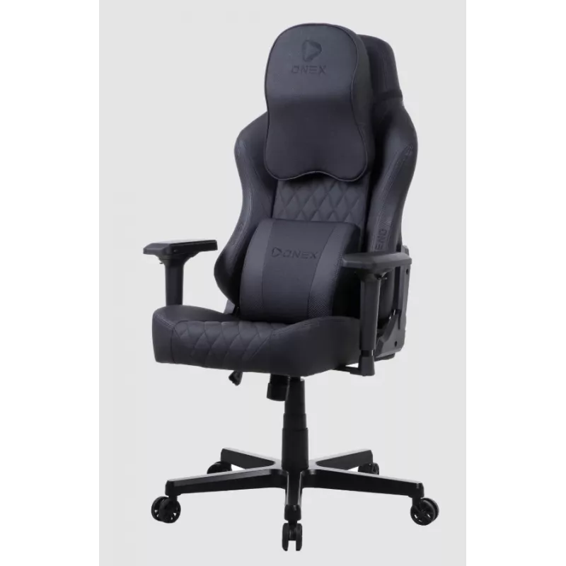 Žaidimų kėdė Onex FX8 Formula X — ergonomiška lenktyninio stiliaus sėdynė, reguliuojami porankiai, atlošimo ir pasvirimo funkcijos, juoda