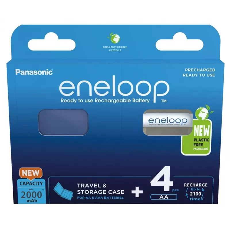 Įkraunamos baterijos PANASONIC ENELOOP AA 2000 mAh 4 vnt. + dėklas (BK-3MCDE/4CP+CASE)