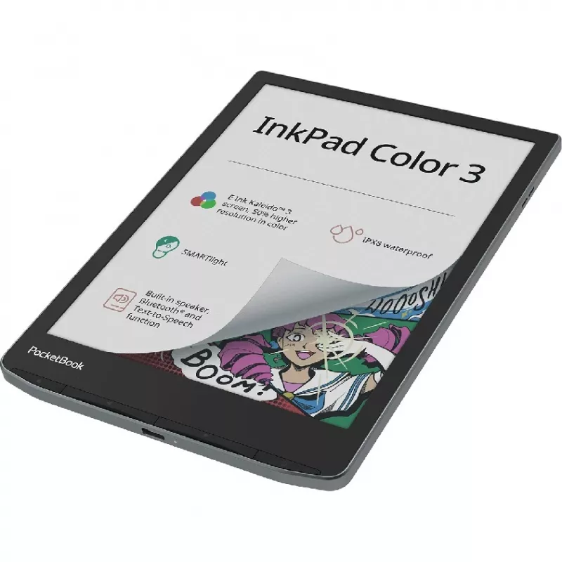 PocketBook InkPad Color 3 Stormy Sea. Ekrano įstrižainė: 19,8 cm (7,8 inch), Technologija: E Ink. Palaikomi dokumentų formatai: ACSM, AZW, AZW3, CBR, CBZ, CHM, DOC,
