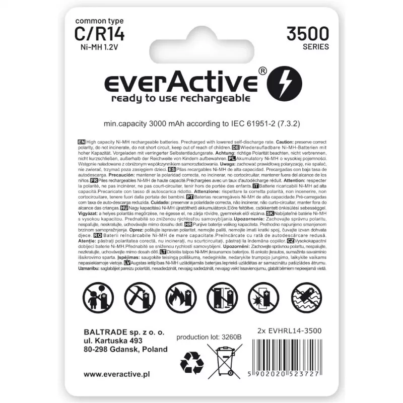 Įkraunamos baterijos everActive R14/C Ni-MH 3500 mAh, paruoštos naudoti