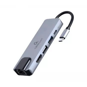 Nešiojamojo kompiuterio dokas Gembird A-CM-COMBO5-04 — USB 3.2 Gen 1 Type-C, 5 Gbit/s, PD 87 W, HDMI, Ethernet, USB-A