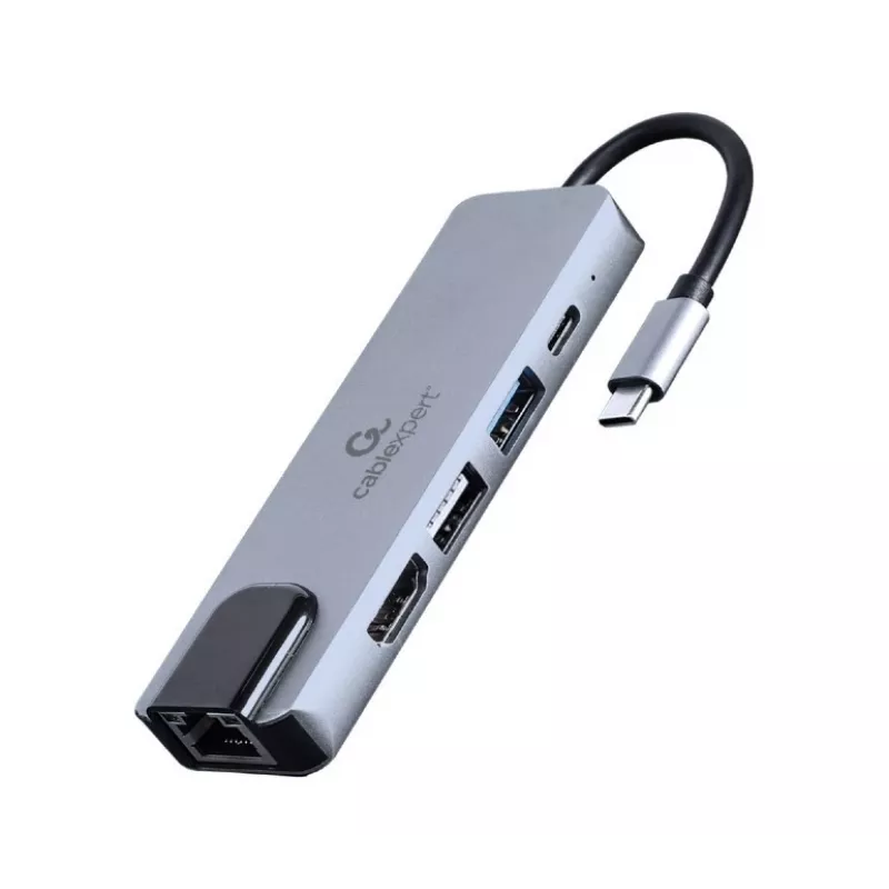 Nešiojamojo kompiuterio dokas Gembird A-CM-COMBO5-04 — USB 3.2 Gen 1 Type-C, 5 Gbit/s, PD 87 W, HDMI, Ethernet, USB-A