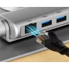 Nešiojamojo kompiuterio stovas Unitek D1109B01 — aliuminis reguliuojamas stovas su nuimamu USB‑C HDMI 4K PD 100W moduliu, iki 17 colių