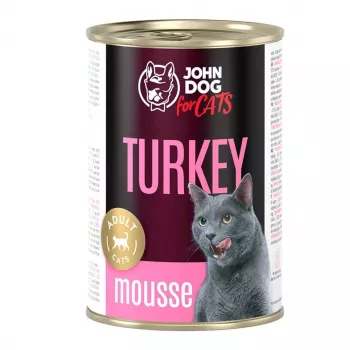 Konservuotas kačių maistas john dog JD suaugusioms katėms kalakutienos putėsiai 400 g — šlapias visavertis pašaras, kalakutiena, suaugusios katės, 400 g