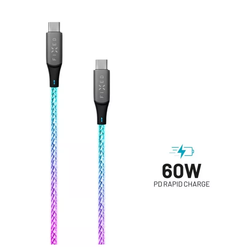 USB-C į USB-C įkrovimo laidas FIXED FIXDLED-CC-RA su PD palaikymu ir fiksuotu ilgiu, integruotu vaivorykštės šviesos diodu