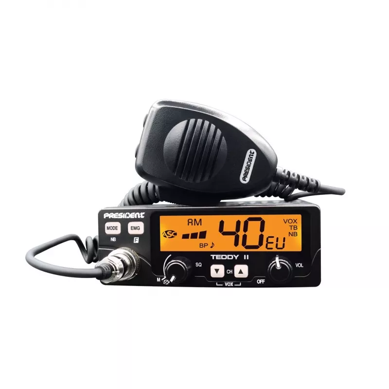 CB radijas President Teddy II+ — 40 kanalų, 4W siųstuvas, 12/24V, triukšmo blokatorius, 125×125×45 mm