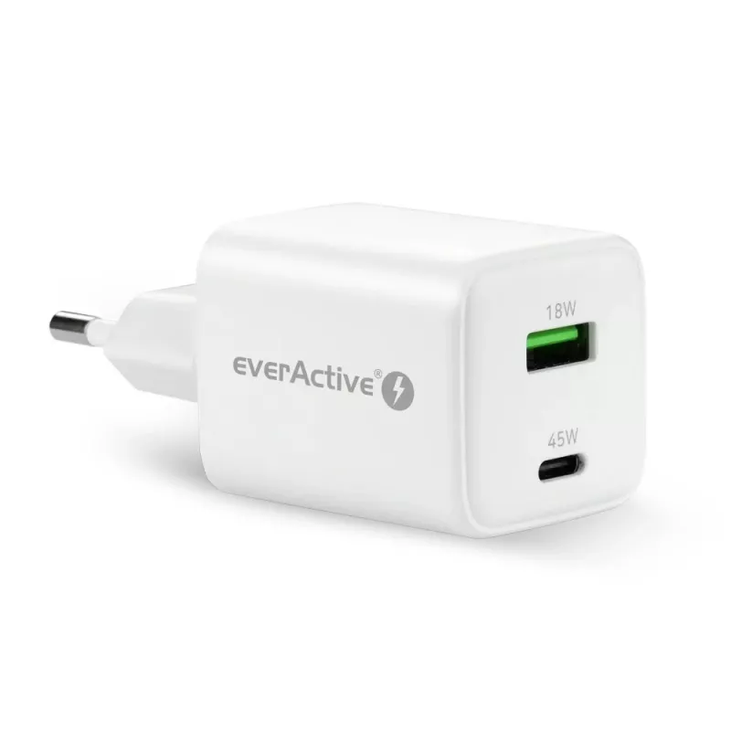 Sieninis įkroviklis everActive SC-450Q 45W 1×USB-C 1×USB-A Baltas