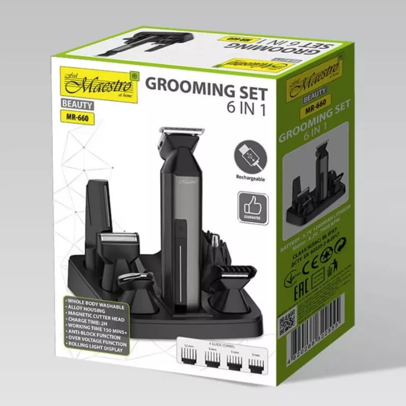 Plaukų kirpimo mašinėlių rinkinys Maestro MR-660 6-in-1 USB įkraunamas reguliuojamos geležtės