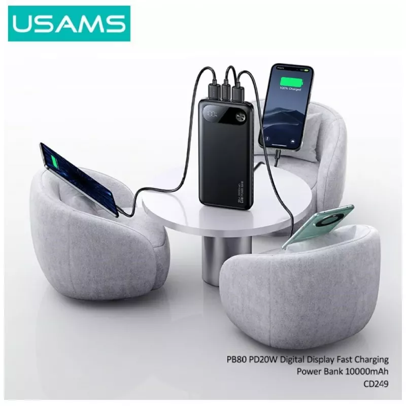 Išorinė baterija usams PB80 PD20W 10000mAh — nešiojamas įkroviklis, juoda