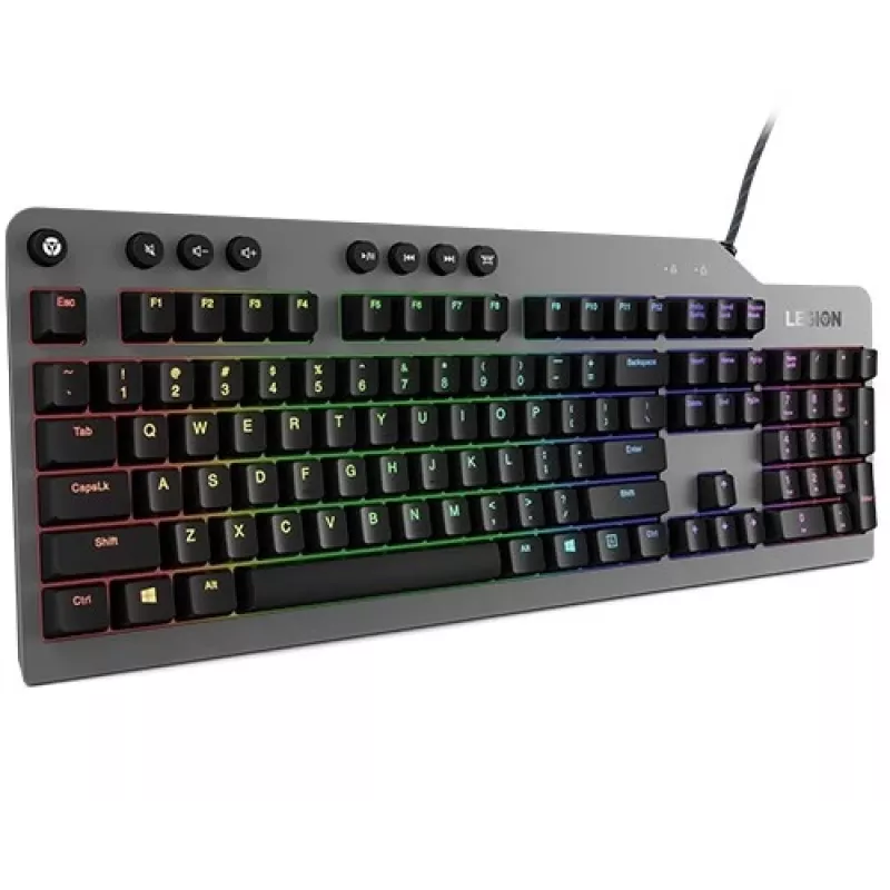 Mechaninė žaidimų klaviatūra „Lenovo Legion K500“ — pilno dydžio 104 klavišų USB, QWERTY JAV anglų k., RGB apšvietimas, pilka / juoda