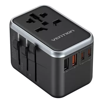 Vention kelioninis maitinimo adapteris FJFB0 65W — 2× USB-C PD/PPS, 2× USB-A (QC/BC), HDMI išvestis, aliuminis/juodas