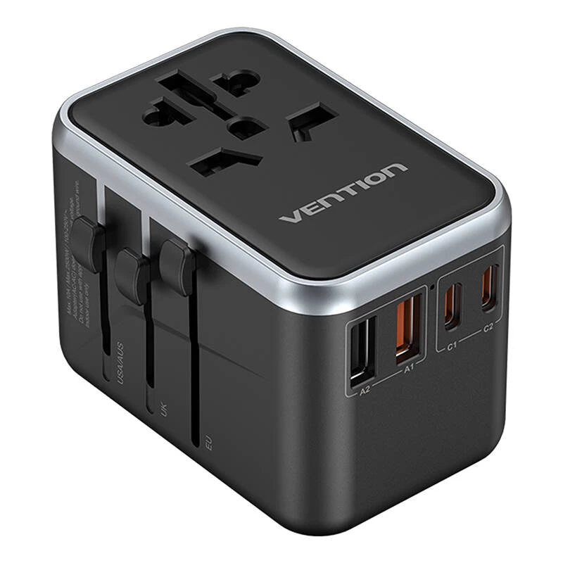 Vention kelioninis maitinimo adapteris FJFB0 65W — 2× USB-C PD/PPS, 2× USB-A (QC/BC), HDMI išvestis, aliuminis/juodas