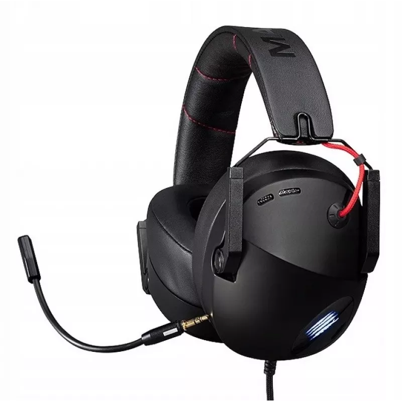 Laidinės žaidimų ausinės mad-catz P.I.L.O.T. 5 — binauralinės, virtualus 7.1 garsas, 50 mm garsiakalbiai, RGB apšvietimas, USB, 2 m laidas, vienkryptis mikrofonas