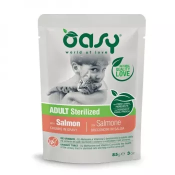 Oasy gabalėliai padaže suaugusioms sterilizuotoms katėms Lašiša 85g