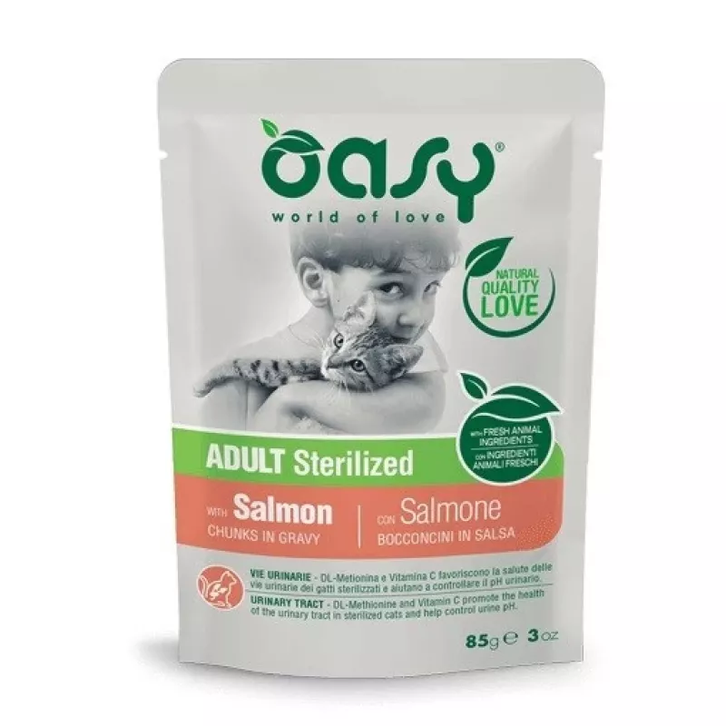 Oasy gabalėliai padaže suaugusioms sterilizuotoms katėms Lašiša 85g