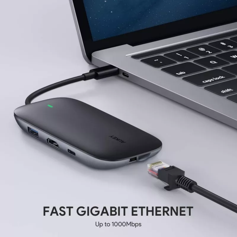 Nešiojamojo kompiuterio dokas AUKEY CB-C71 — 3x USB‑C (USB 3.2 Gen1), HDMI, RJ‑45, MicroSD, USB PD 100 W, 0,15 m kabelis, juodas