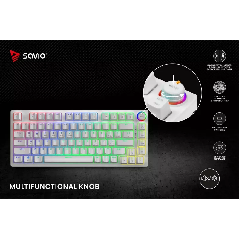 SAVIO PHENIX WHITE belaidė mechaninė klaviatūra, Gateron Red Pro, ABS