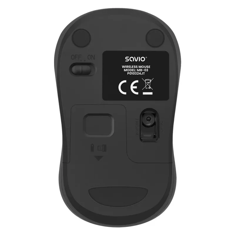 Belaidė pelė SAVIO MB-03, Bluetooth sąsaja, 1000 DPI, AA baterija, 99×60×39 mm, 51 g, imtuvas pridedamas