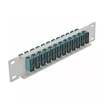 Skaidulinio optinio pataisymo skydelis DeLOCK 10 colių 12 prievadų SC Duplex Aqua 1U pilkas