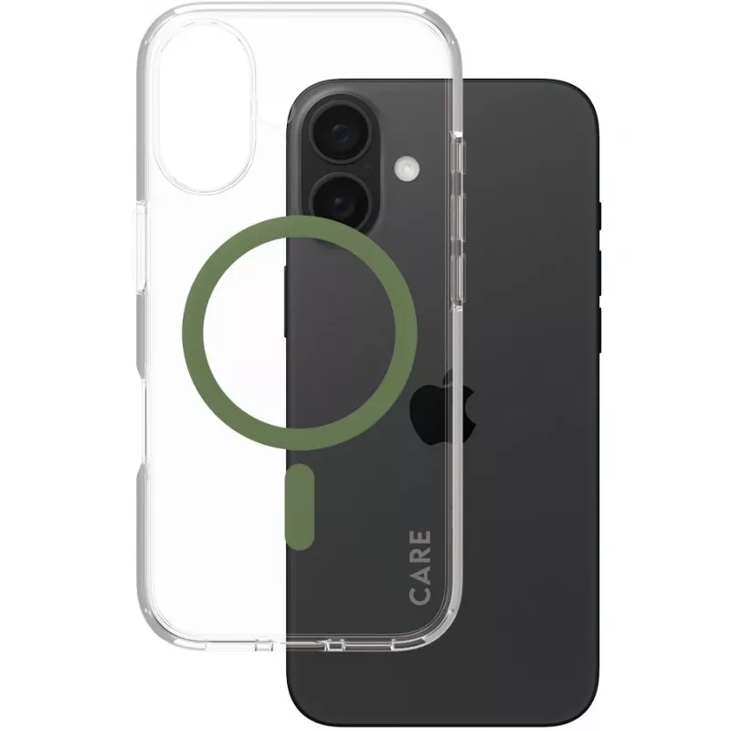 PanzerGlass CARE Urban Combat skaidrus dėklas su žaliu MagSafe iPhone 16