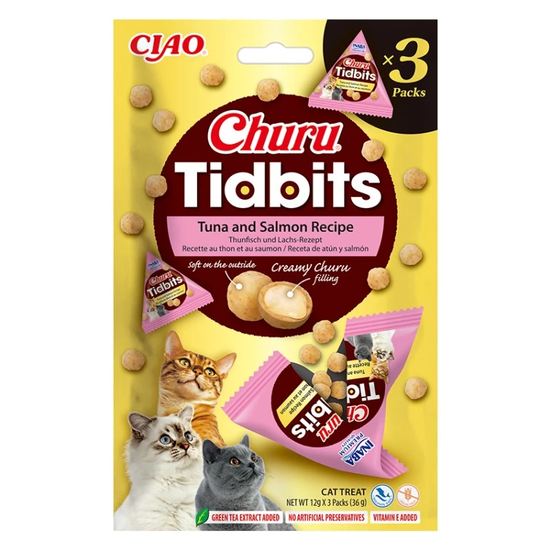 Šlapias kačių skanėstas INABA Cat Churu Tidbits Tunas ir Lašiša 3×12 g maišelis