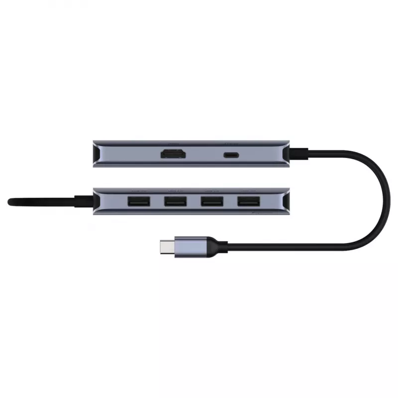 USB-C šakotuvas Cudy UH500 — USB 3.2 Gen 1 Type-C priegloba, 6 prievadai su USB 3.2 Gen 1 Type-A ir HDMI, 5000 Mbit/s, pilka/sidabrinė