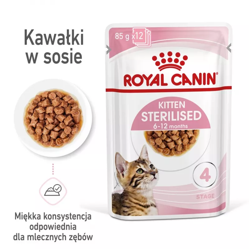 Šlapias kačių ėdalas Royal Canin Sterilised Gravy, 12 x 85 g maišeliai — vištiena, sterilizuotiems/ kastruotiems kačiukams, 11% baltymų, 80,5% drėgmės