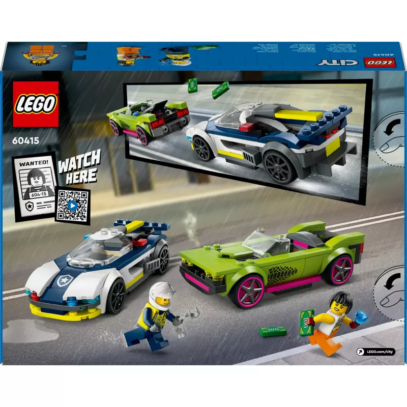 LEGO City rinkinys 60415 Policijos automobilio ir sportinio automobilio gaudynės — 213 dalių, 2 minifigūrėlės, amžius 6+