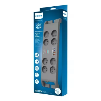 Maitinimo lizdų blokas su apsauga nuo viršįtampių Philips su 8 lizdais ir 4×USB