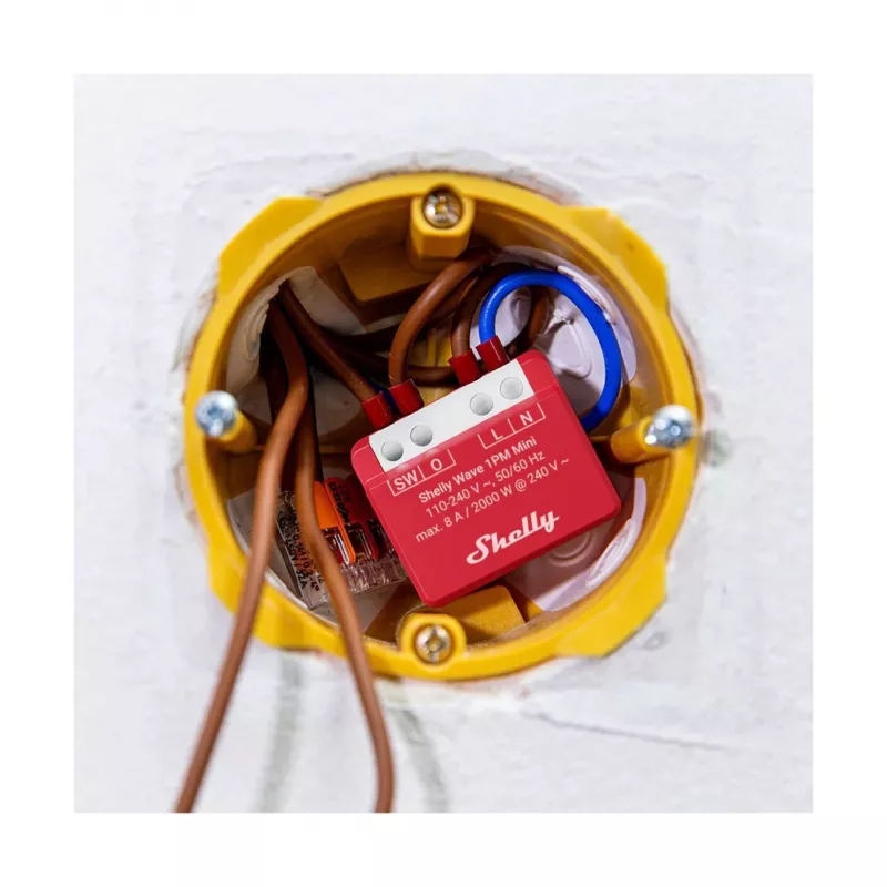 Sieninė išmanioji relė „Shelly 1PM“ – vieno kanalo Z-Wave mini jungiklis, 110–240 V, 8 A, 2000 W, 868,4 MHz