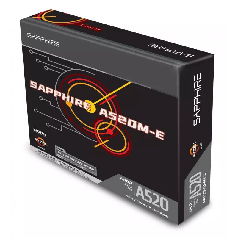 Micro ATX pagrindinė plokštė Sapphire A520M-E, skirta Socket AM4, AMD A520 mikroschemų rinkiniui, 2x DDR4 DIMM, max 64 GB, PCIe 3.0 x16/x1, SATA III, Gigabit LAN