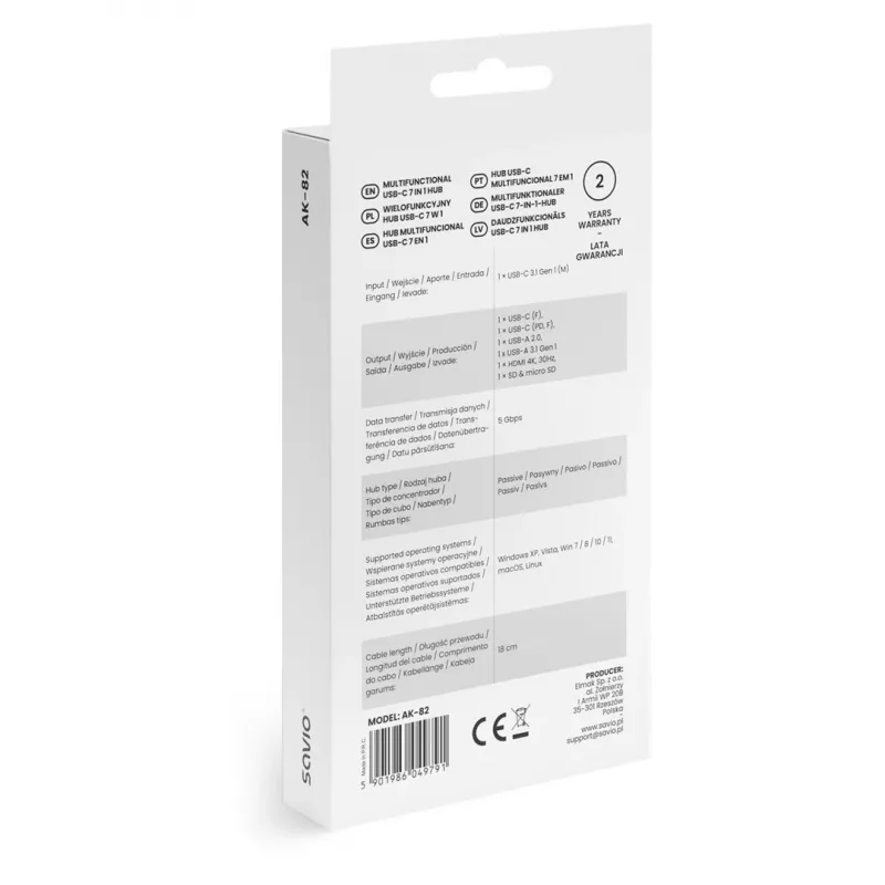 USB Type-C šakotuvas SAVIO AK-82 su HDMI, MicroSD, USB 3.2 Gen1, PD pralaidumu, 4K@30Hz, 5000 Mbit/s, juodas