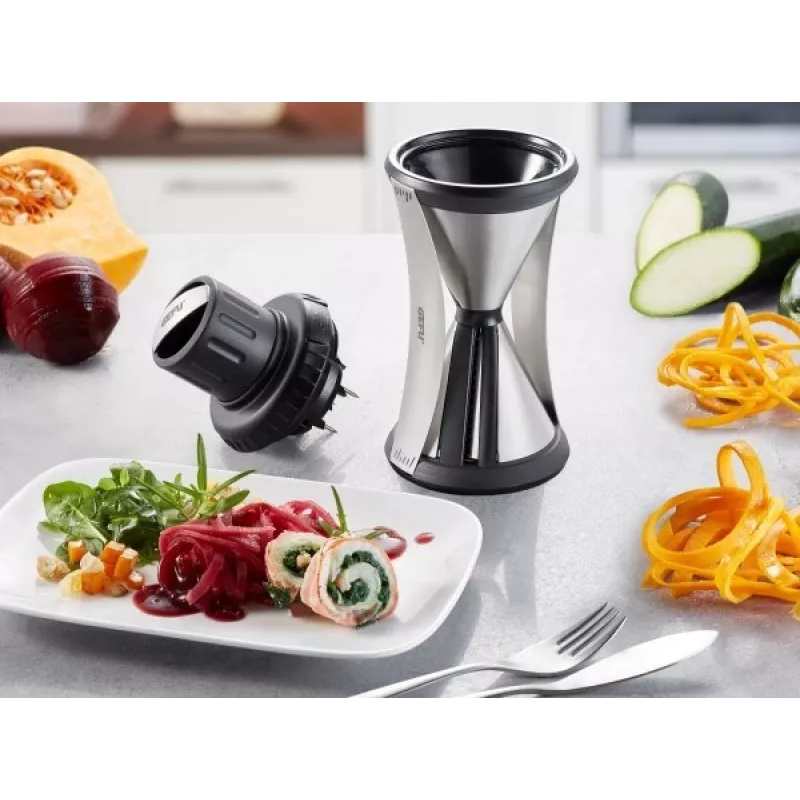 Spiralinė pjaustyklė GEFU SPIRELLI XL 13700 — daržovėms Ø iki 6,5 cm, du spiralės pločiai 4,5 mm ir 8 mm