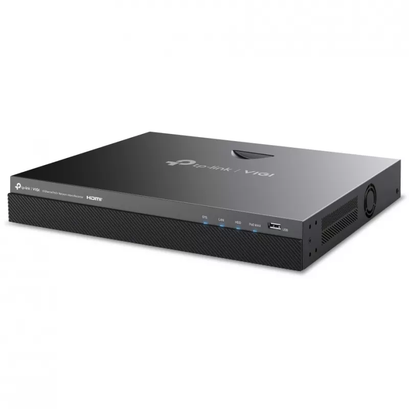 Tinklo vaizdo registratorius TP-Link VIGI NVR2008H-8MP-2TB — 8 kanalų, 4K (3840×2160), 2 TB SATA HDD, 9× RJ-45, juodas