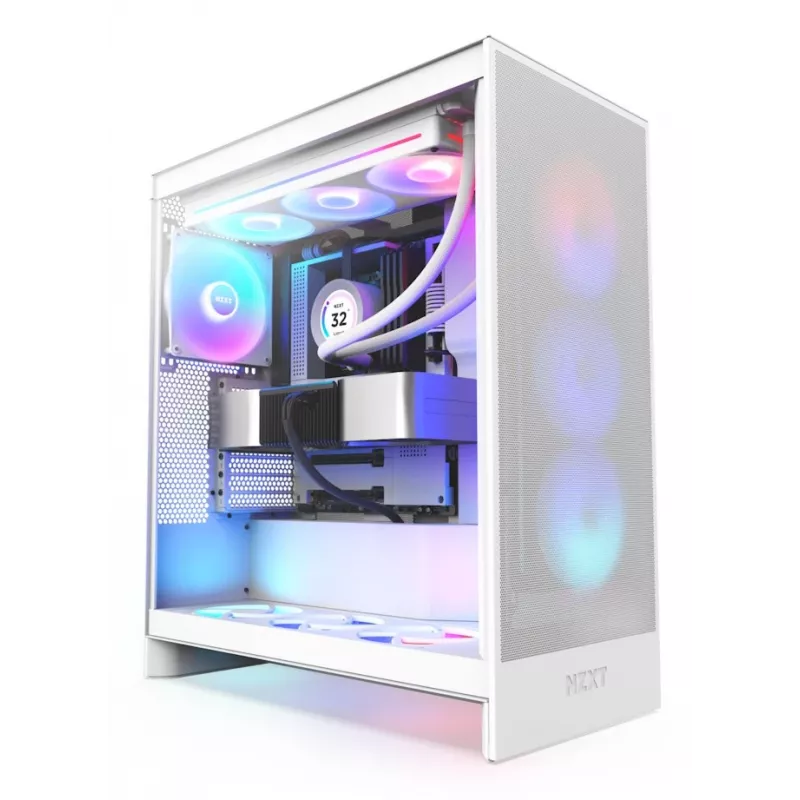 PC korpusas NZXT H7 Flow RGB Midi Tower baltas — grūdintas stiklas, EATX, priekyje 3×120 mm, USB-C