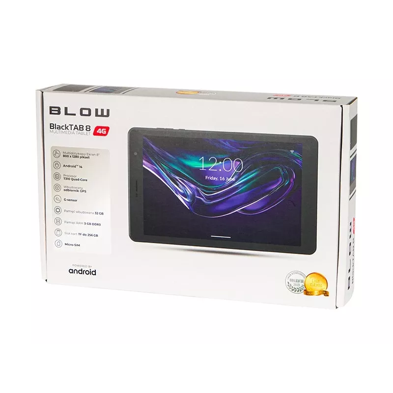 Planšetinis kompiuteris BLOW JuodaTAB8 8 colių 4G LTE, 3 GB RAM, 32 GB eMCP, Android 14, IPS 1200×1920, MicroSD