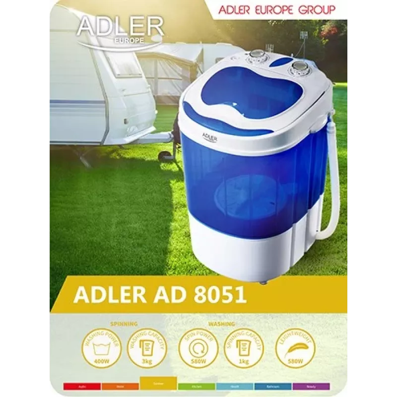 Adler | AD 8051 | Skalbimo mašina | Energinio naudingumo klasė | Pakrovimas iš viršaus | Skalbimo talpa 3 kg | Nenurodyta aps./min. | Gylis 37 cm | Plotis 38 cm | Balta/Mėlyna