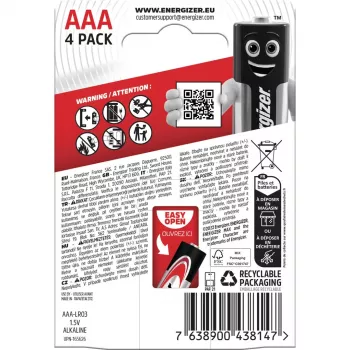 Energizer baterijos Alkaline Max AAA LR03, 4 vnt., ekologiška pakuotė