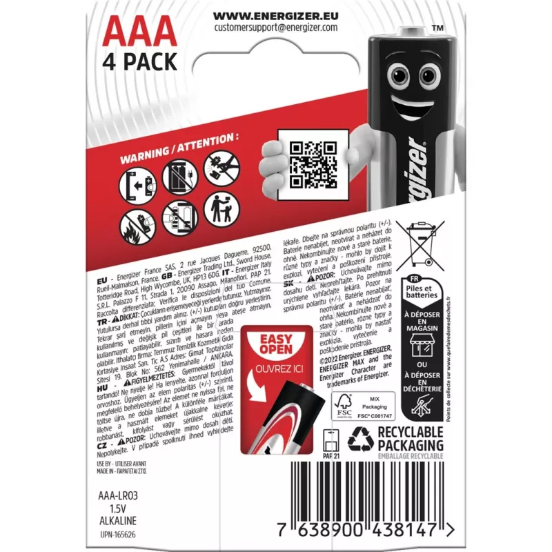Energizer baterijos Alkaline Max AAA LR03, 4 vnt., ekologiška pakuotė