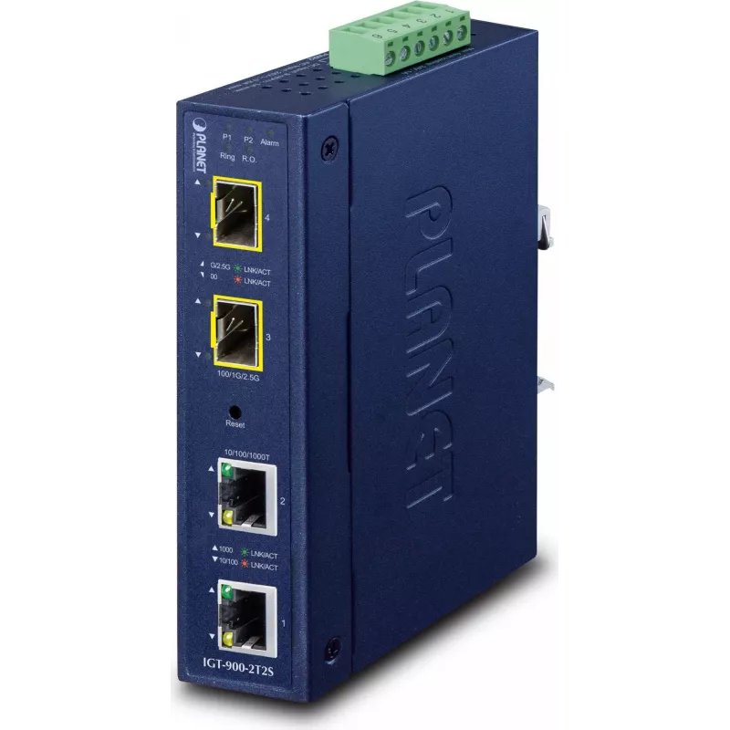 PLANET pramoninis 2 prievadų - SFP - laidinis - mėlynas - metalinis - IP30 - FCC Part 15 Class A - CE IEC60068-2-32 (laisvas kritimas) IEC60068-2-27 (smūgis) IEC60068-2-6 (vibracija) (IGT-900-2T2S)