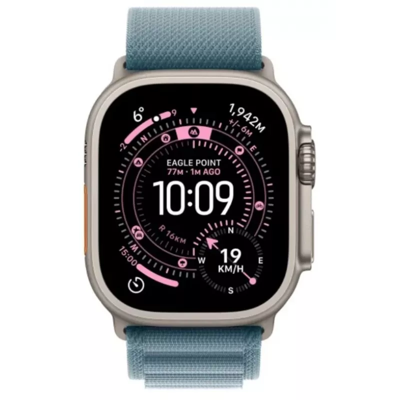 Išmanusis laikrodis „Apple Watch Ultra 3“ GPS + Cellular 49 mm natūralaus titano korpusas su šviesiai mėlynu „Alpine Loop“ dirželiu (mažas)