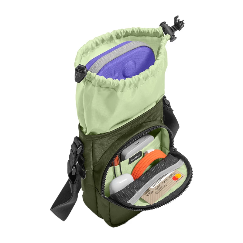 Tomtoc GameOn-G50 Switch 2 JoyCarry Sling Bag žalias — nešiojimo krepšys, skirtas Nintendo Switch OLED ir Switch 2
