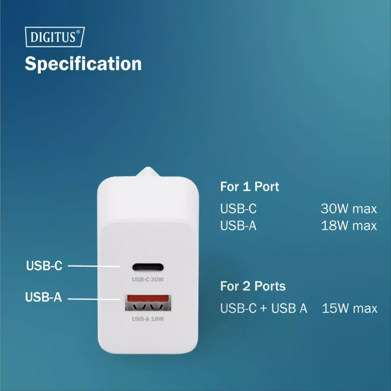 AC vidaus USB GaN įkroviklis DIGITUS DA-10301 — 30W, 1× USB-C, 1× USB-A, 100–240V, balta